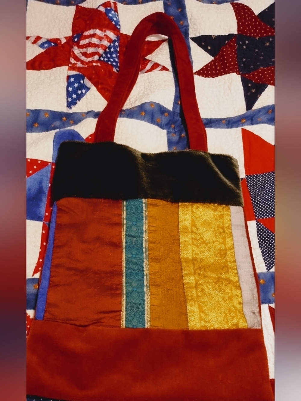 Boho Multi-Panel Velvet and Silk Tote Bag in Red and Gold